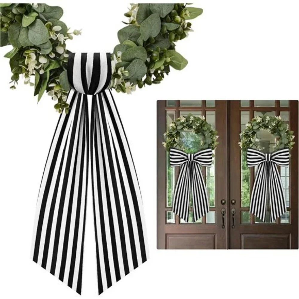 2 Pack Boxwood Wreath Sash Garland for Front Door Porch Decor (Black and White